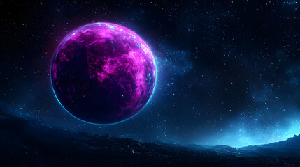 Obraz premium Purple Glowing Planet Surrounded By Starry Space And Nebulous Blue Atmosphere