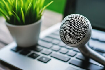 Microphone on Keyboard with Plant in Background for Creative Work