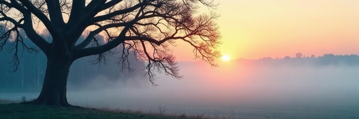 Tree's bare branches stretch towards the morning sky with mist, morning, branches