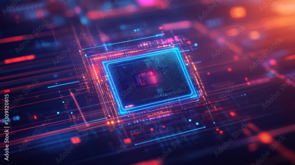 Poster futuristic computer processor illuminated with glowing blue and red lights showcasing advanced techn