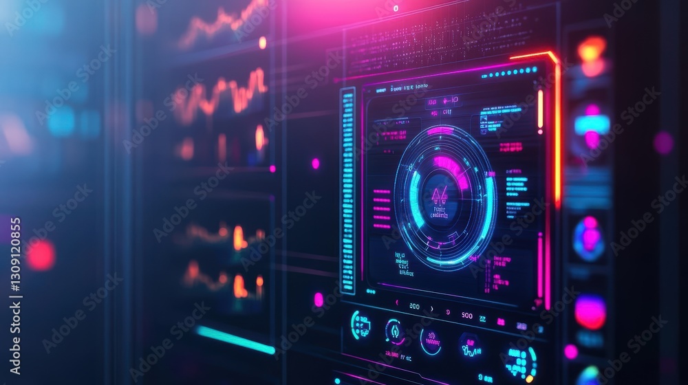 Poster futuristic digital interface glowing with neon lights and vivid colors creating a high-tech atmosphe
