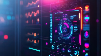 Futuristic Digital Interface Glowing with Neon Lights and Vivid Colors Creating a High-Tech Atmosphere in a Modern Virtual Environment