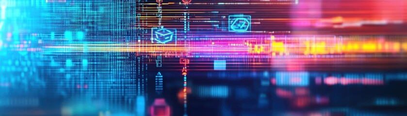 Obraz premium Vibrant Abstract Technology Background Featuring Colorful Lines Shapes and Symbols Creating a Dynamic Visual Experience of Modern Innovation and Connectivity