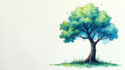 Obraz premium Serene Watercolor Painting of a Lush, Teal-Green Tree on a Gentle Hillside with Sparse Grass