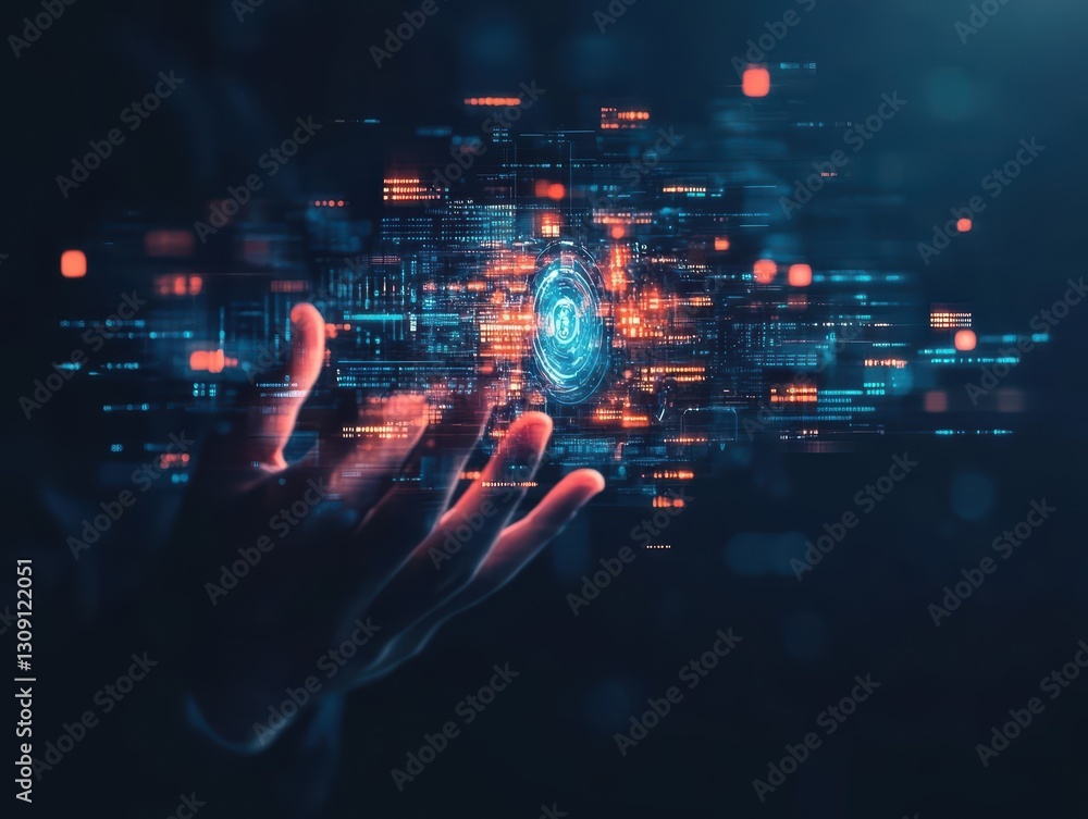Poster a hand gracefully holds a luminous digital device while an ethereal glowing image illuminates the ba