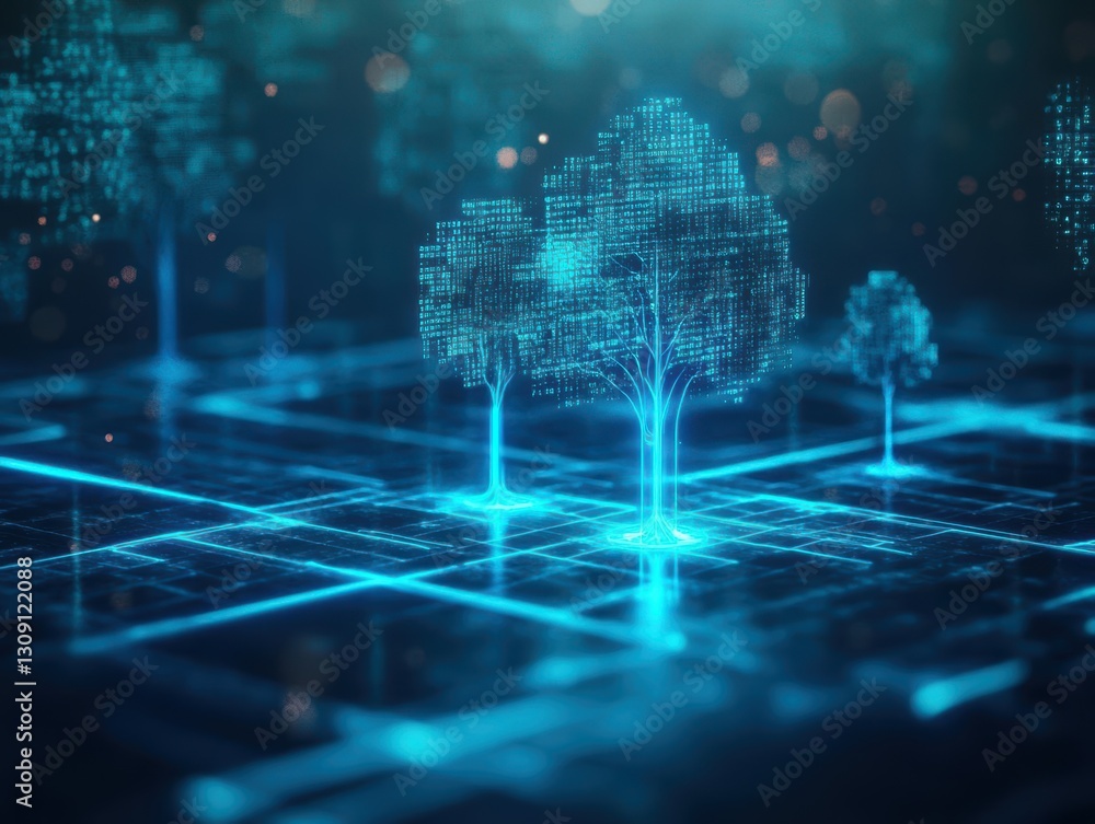 Poster a solitary tree stands gracefully amidst a vast digital grid symbolizing the intersection of nature 