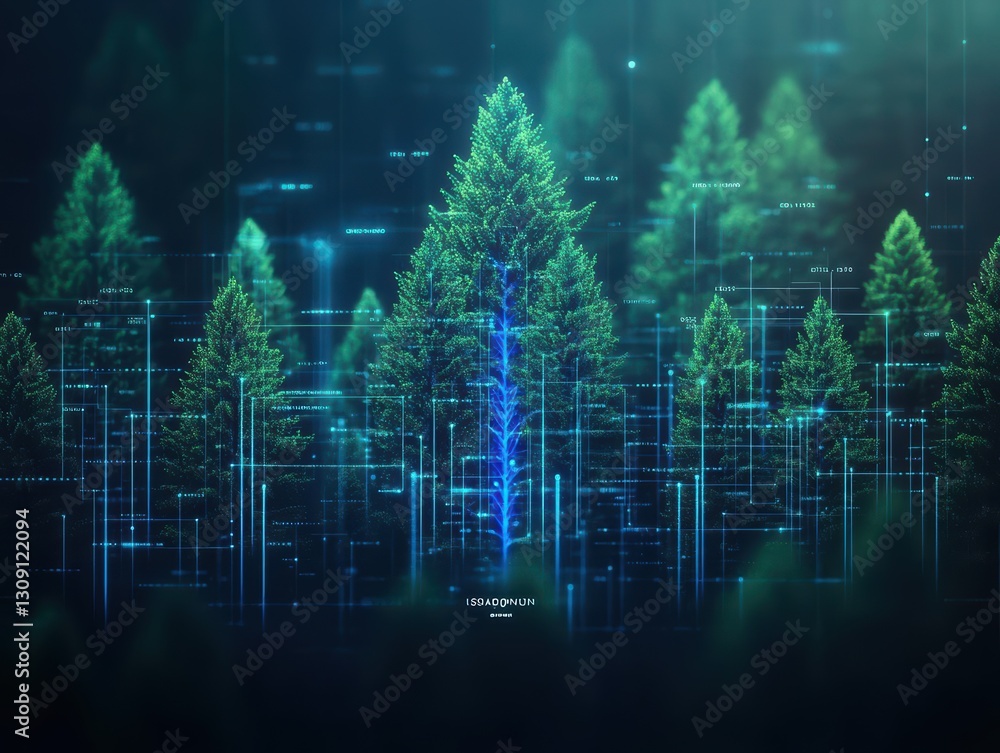 Poster mysterious forest illuminated by enigmatic blue light with majestic trees creating an otherworldly a