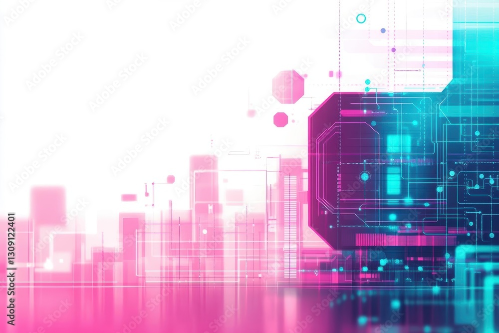 Poster futuristic computer circuitry with electric blue and vibrant pink background creating a dynamic and 