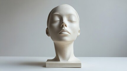 A minimalist ceramic sculpture head with clean lines, set against a white background for a simple and elegant presentation 