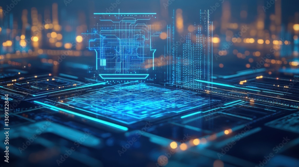 Poster intricate blue circuit design featuring a central circuit element showcasing technology and precisio