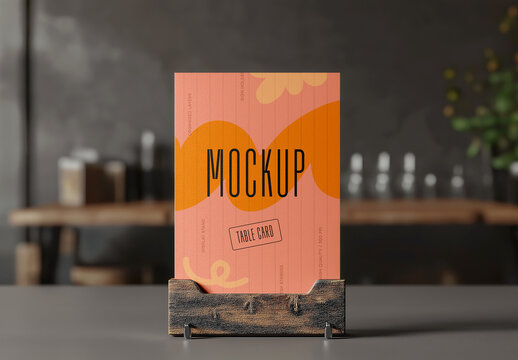 Table Card Menu Mockup with Wooden Stand in Cozy Caf&eacute; Interior &ndash; Vertical Display for Restaurant Branding