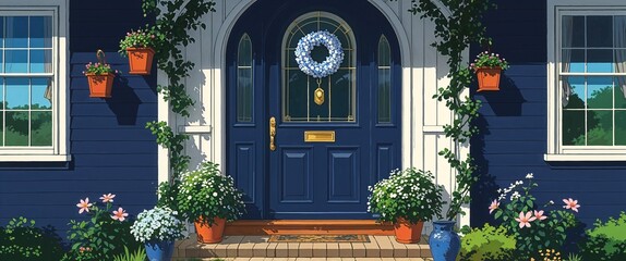 anime arched front door in navy cottage home house frontage portrait retro cartoon illustration