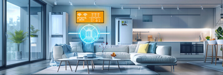 Smart thermostat paired with smart appliances in a futuristic home