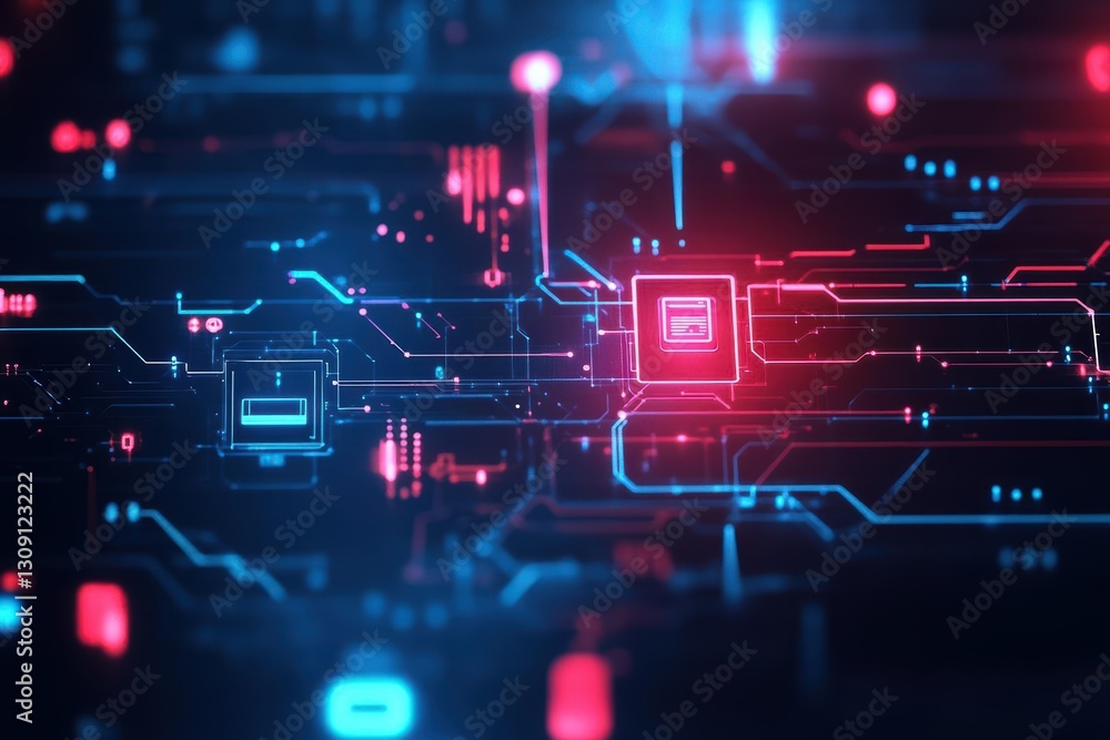 Poster intricate computer circuit board illuminated with vibrant red and blue lights creating a futuristic 