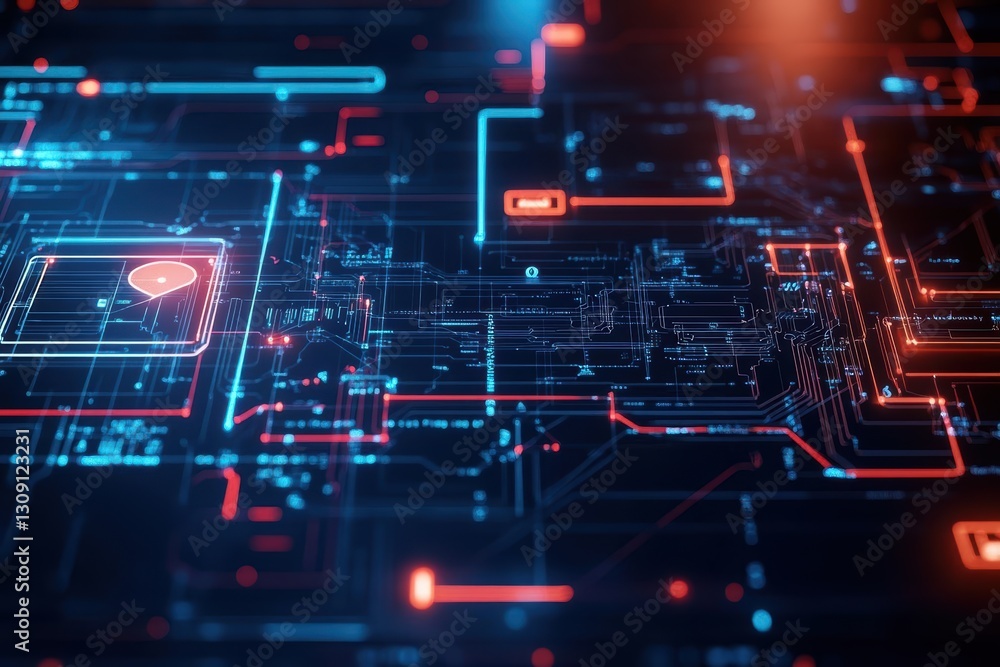 Poster intricate circuit board design featuring a heart symbolizing technology and emotion in a harmonious 