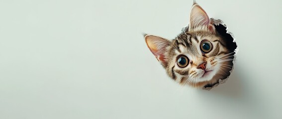 Fototapeta premium A cute cat sticking its head out of a hole in a white wall, with big eyes and ears, in a close-up shot, displaying a funny expression.