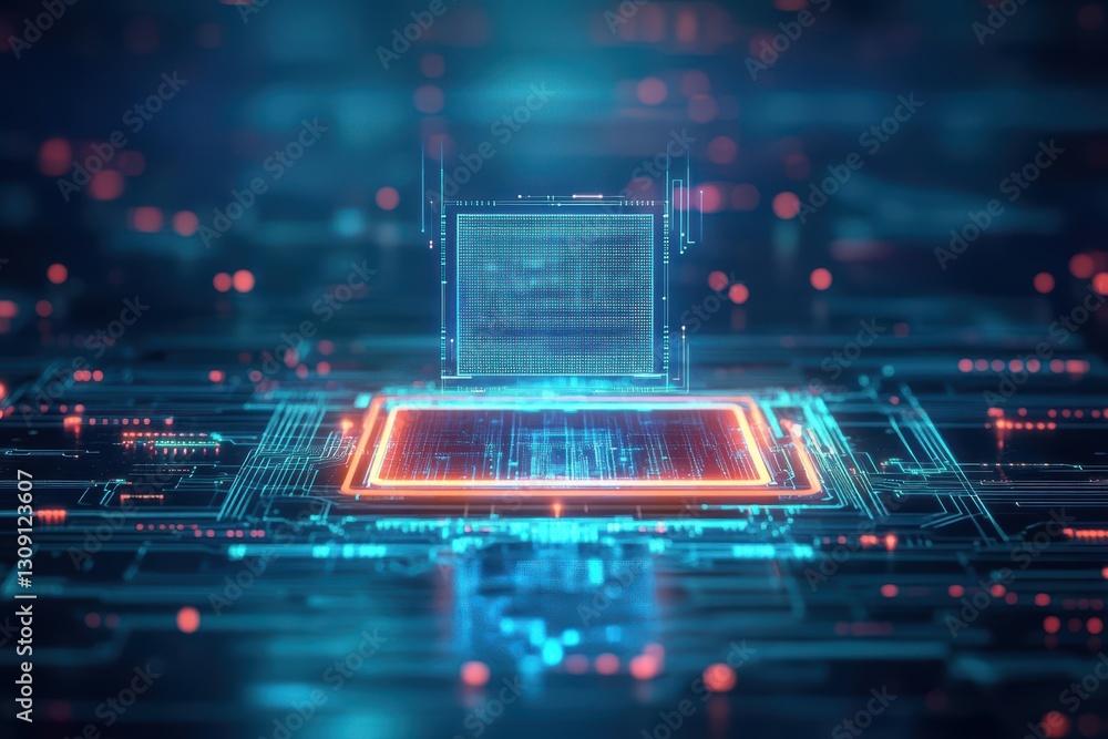 Poster close-up of a computer chip on an intricate circuit board set against a vivid blue and red backgroun