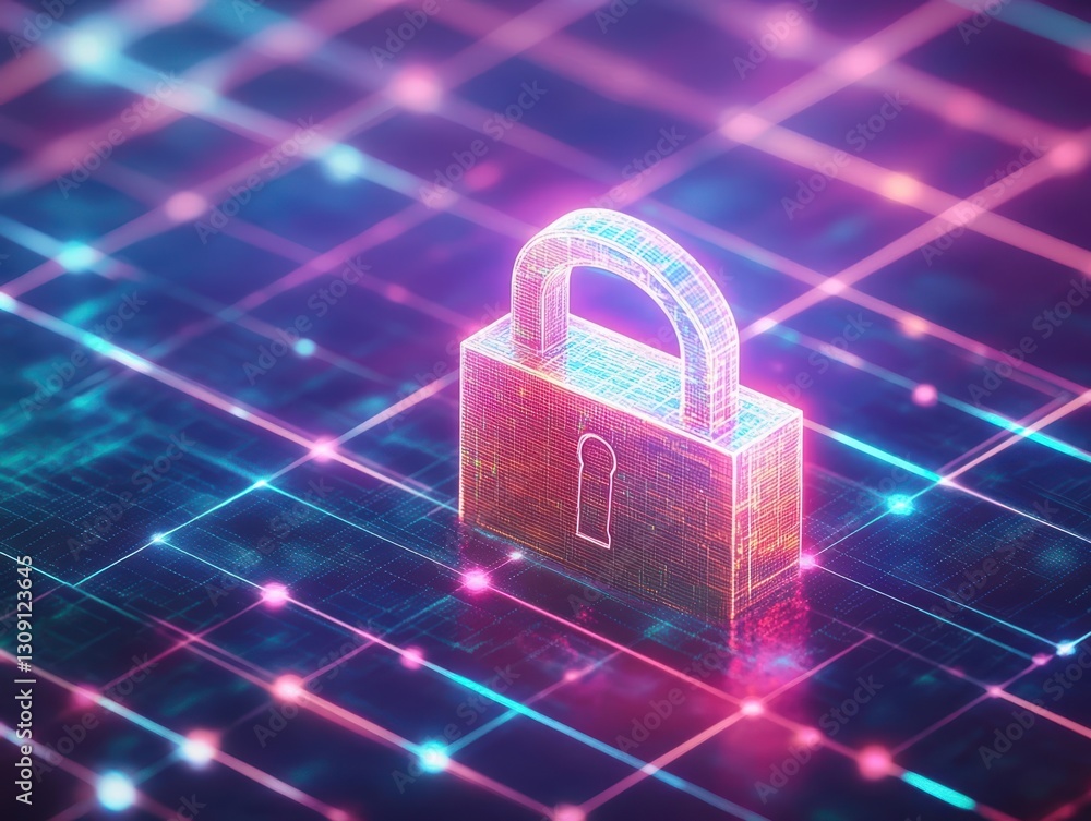 Poster intricate lock embedded on a circuit board surrounded by a glowing background symbolizing security t