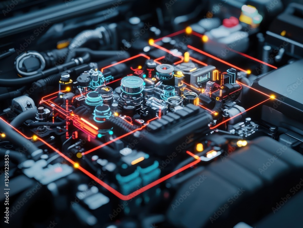 Poster close up view of a computer display illuminated by striking red light highlighting technology with a