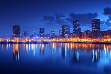 Fototapeta premium Skyline reflects in water at night