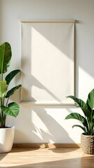 Modern interior with wooden frame mockup, green plants and natural sunlight