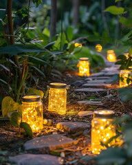 Solar-powered garden lights assembled from upcycled jars, creating a charming and sustainable ambiance