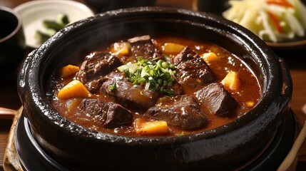 Delicious Aromatic Beef Stew Hot Pot Recipe Asian Cuisine Brown Food Photography Dark Brown Clay Pot Winter Food Warm Dish Tasty Meal Savory Flavors  