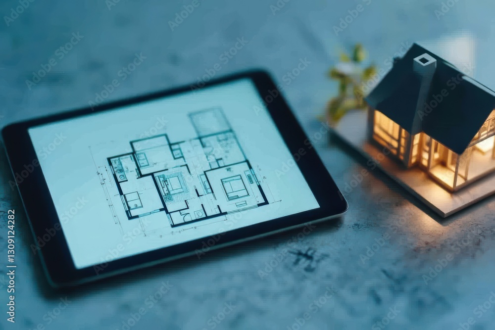 Poster innovative tablet displaying detailed house model on screen representing modern design concepts and 