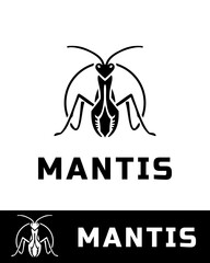 A modern and minimalist praying mantis logo design featuring a stylized insect with symmetrical details