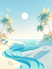 Fototapeta na wymiar A serene stylized illustration showing a dreamy beach and sea