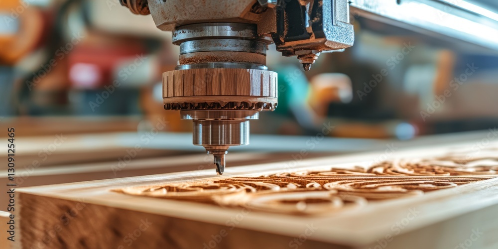 Poster cnc router carving intricate patterns in wood precision manufacturing technology in action