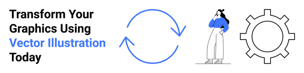Circular arrows, thinking woman, large gear icon next to bold text. Ideal for creativity, productivity, design tools, problem solving, strategy innovation digital workflows. Perfect flat landing