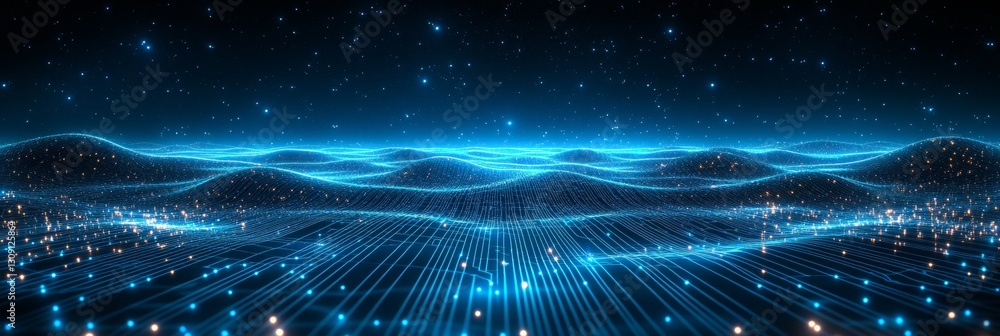 Poster abstract digital landscape with glowing circuit lines, a dynamic blue background design