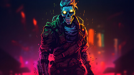 Vibrant Cyberpunk Skull Illustration