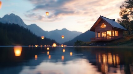 Fototapeta premium Illuminated cabin on lake at sunset, with floating lanterns reflecting on calm water, surrounded by mountains and forest.