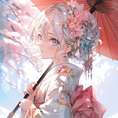 Girl in Kimono with Cherry Blossoms