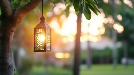 Illuminated lantern hanging from tree branch at sunset in garden.