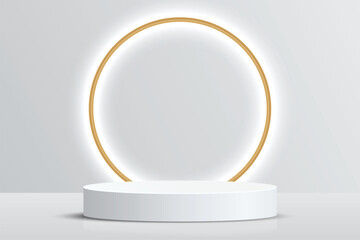 Abstract 3D shape podium with lighting on studio background. Display pedestal mockup minimal scene empty stage for presentation product cosmetic, stand, showcase, exhibition, fashion stage. Vector
