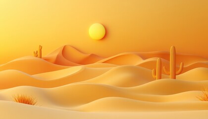 A stylized artistic illustration of a desert scene with sun and cacti