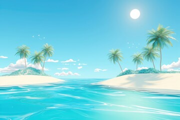 Obraz premium Tropical beach scene featuring islands with palm trees under bright sun