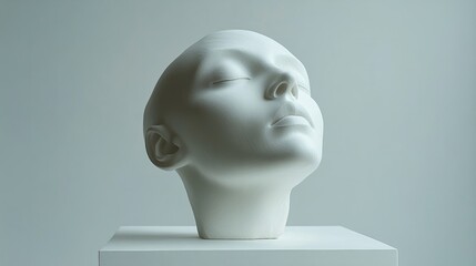 A modern abstract sculpture head with clean lines, set against a minimalist white background, creating a striking visual focus