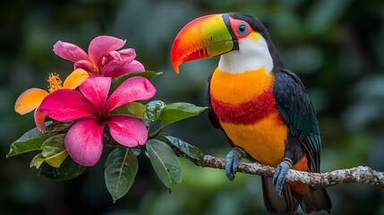 Colorful Toucan Perched on Branch with Pink Flower