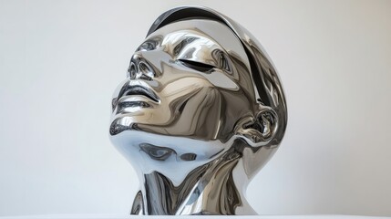 A modern abstract sculpture head with sleek lines, made of metal, displayed against a white background for a futuristic feel 