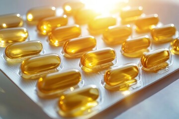 Vitamin capsules are neatly arranged in a weekly pill organizer under bright lighting, emphasizing their vibrant colors and textures. A clean and organized display enhances the visual appeal