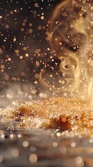 Golden droplets dance in the air as food sizzles on a hot grill surface in a warm kitchen setting