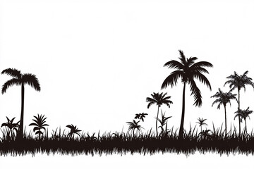 A row of palm trees and grass in black and white silhouette, creating a tropical and exotic composition with minimalistic beauty.  
