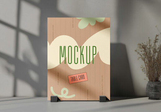 Elegant table tent card stand, sign holder mockup and template for menus, events, and branding displays in a stylish modern setting
