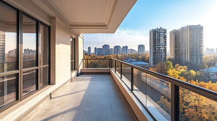 Empty balcony with glass railing view of city and autumn trees for real estate