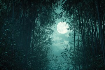 Serene Moonlight Illuminates a Lush Bamboo Forest at Night
