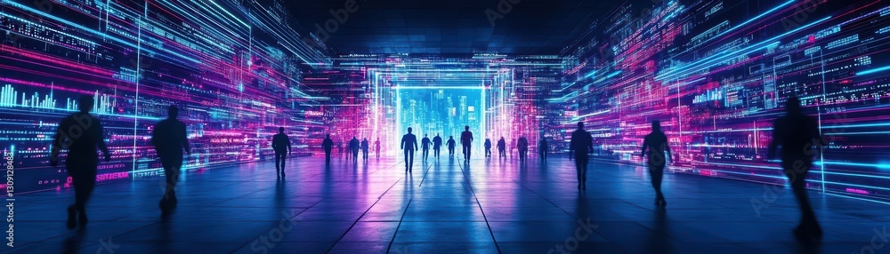 Poster vibrant scene of diverse individuals walking through an illuminated tunnel with colorful neon lights